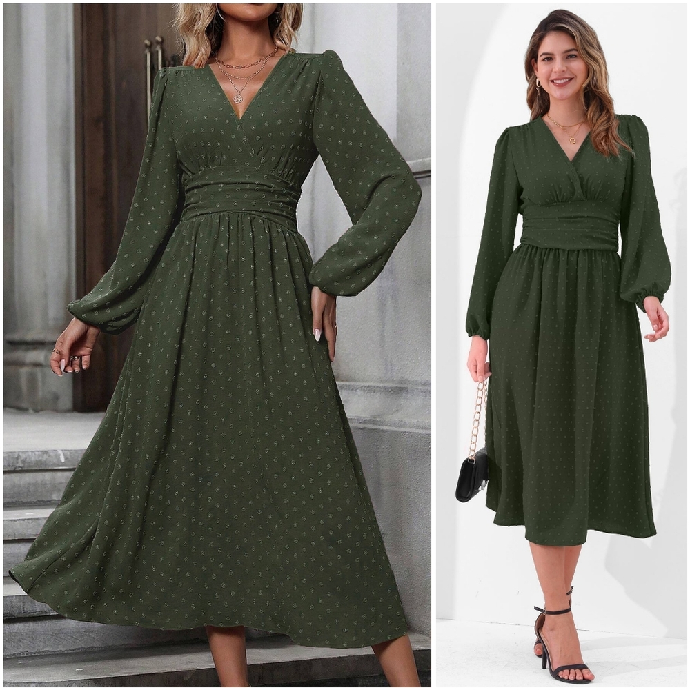 NWT Liotxecd Green Swiss Dot V Long Lanturn Sleeve Prairie Boho Maxi Dress L - Picture 2 of 12